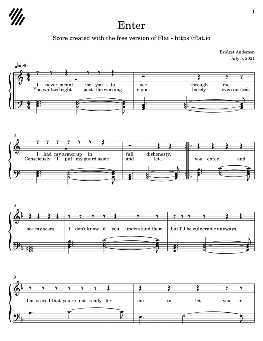 Enter Piano, Vocal, Guitar scores gallery preview page 1
