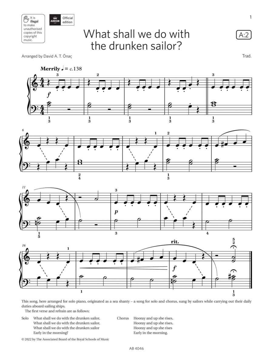 What shall we do with the drunken sailor? (Grade Initial, list A2, ABRSM Piano Syllabus 2023 & 2024) Piano Method scores gallery preview page 1