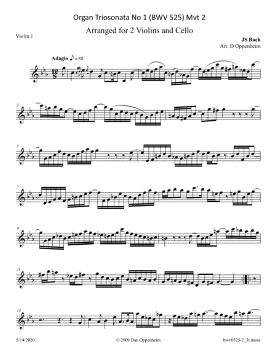 Bach: Organ Triosonata No 1 (BWV 525) Mvt 2 arr. for 2 Violins and Cello String Duet scores gallery preview page 5