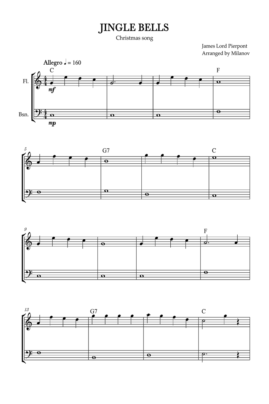 Jingle Bells | Pierpont | Christmas song | flute and bassoon | easy | chords | C Major Woodwind Duet scores gallery preview page 1
