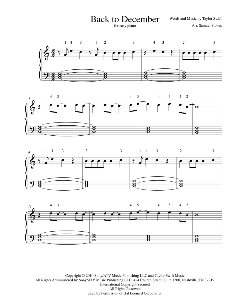 Back To December Easy Piano scores gallery preview page 1