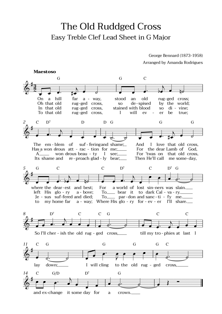 The Old Rugged Cross in G Major - Easy Treble Clef Lead Sheet Easy Piano scores gallery preview page 1