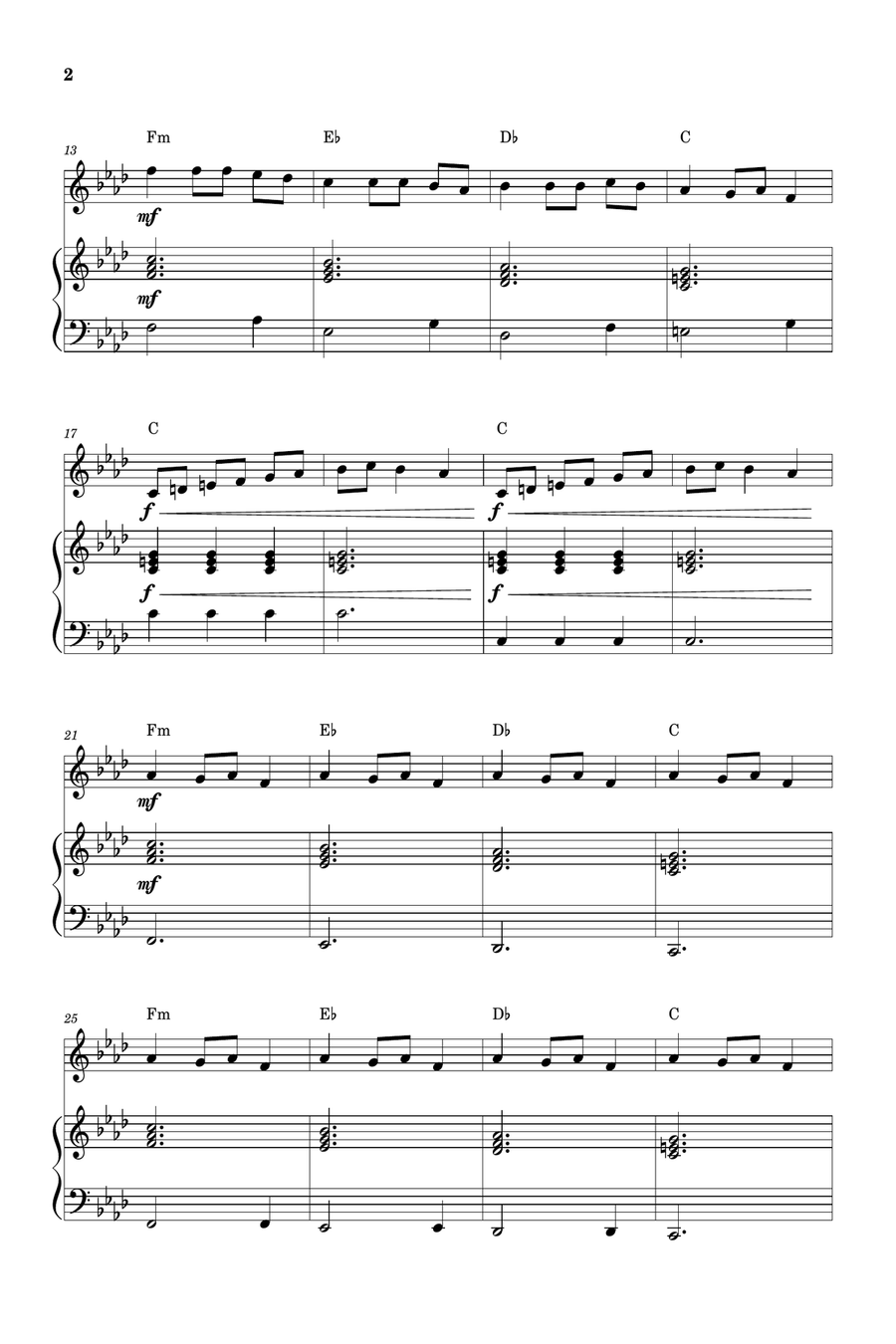 Carol of the Bells for Oboe and Piano (Very Easy - Beginner) in F minor - With Chords Piano scores gallery preview page 2