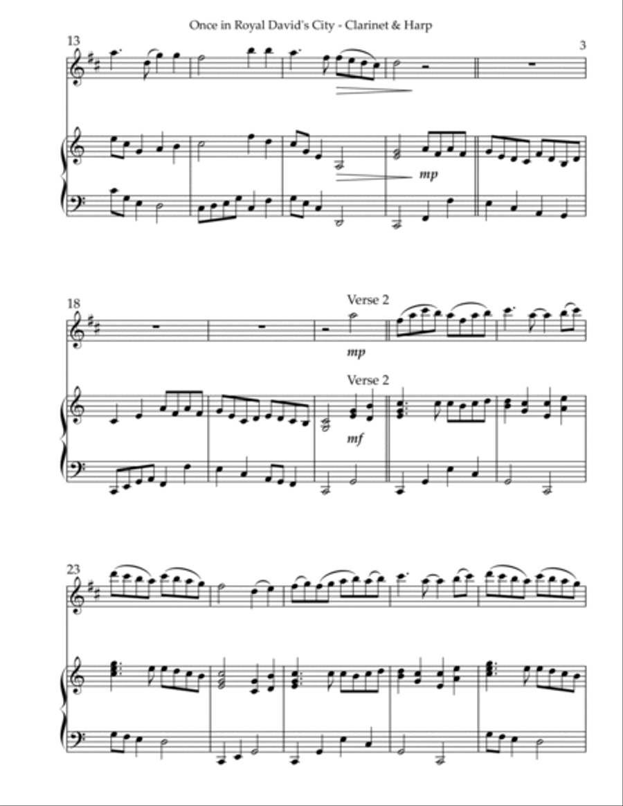 Once in Royal David’s City, Duet for Bb Clarinet & Harp B-Flat Clarinet scores gallery preview page 3