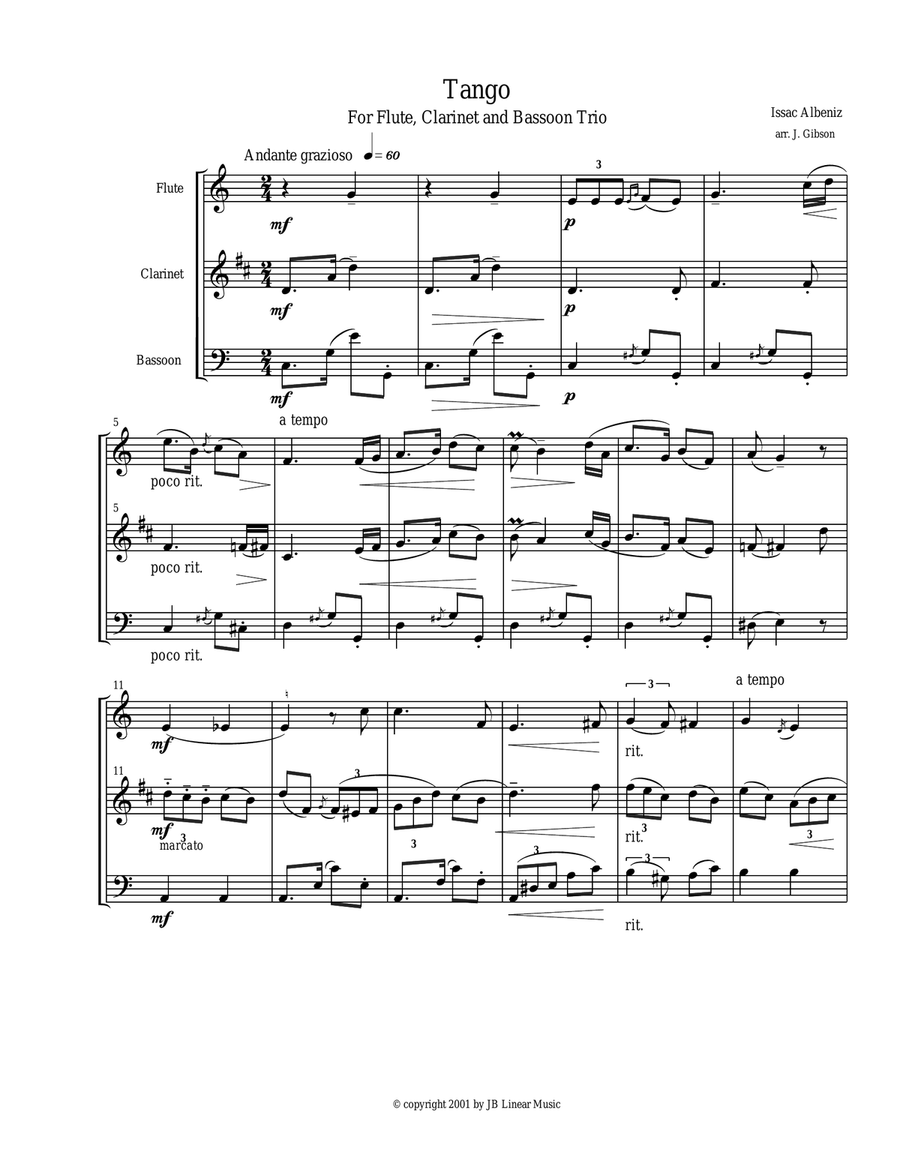 Tango by Albeniz for flute, clarinet, and bassoon trio Woodwind Trio scores gallery preview page 1