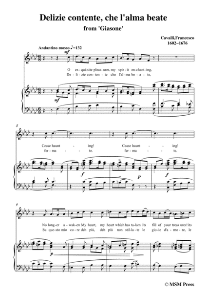 Cavalli-Delizie contente, che l'alma beate,from 'Giasone',in f minor,for Voice and Piano image number null