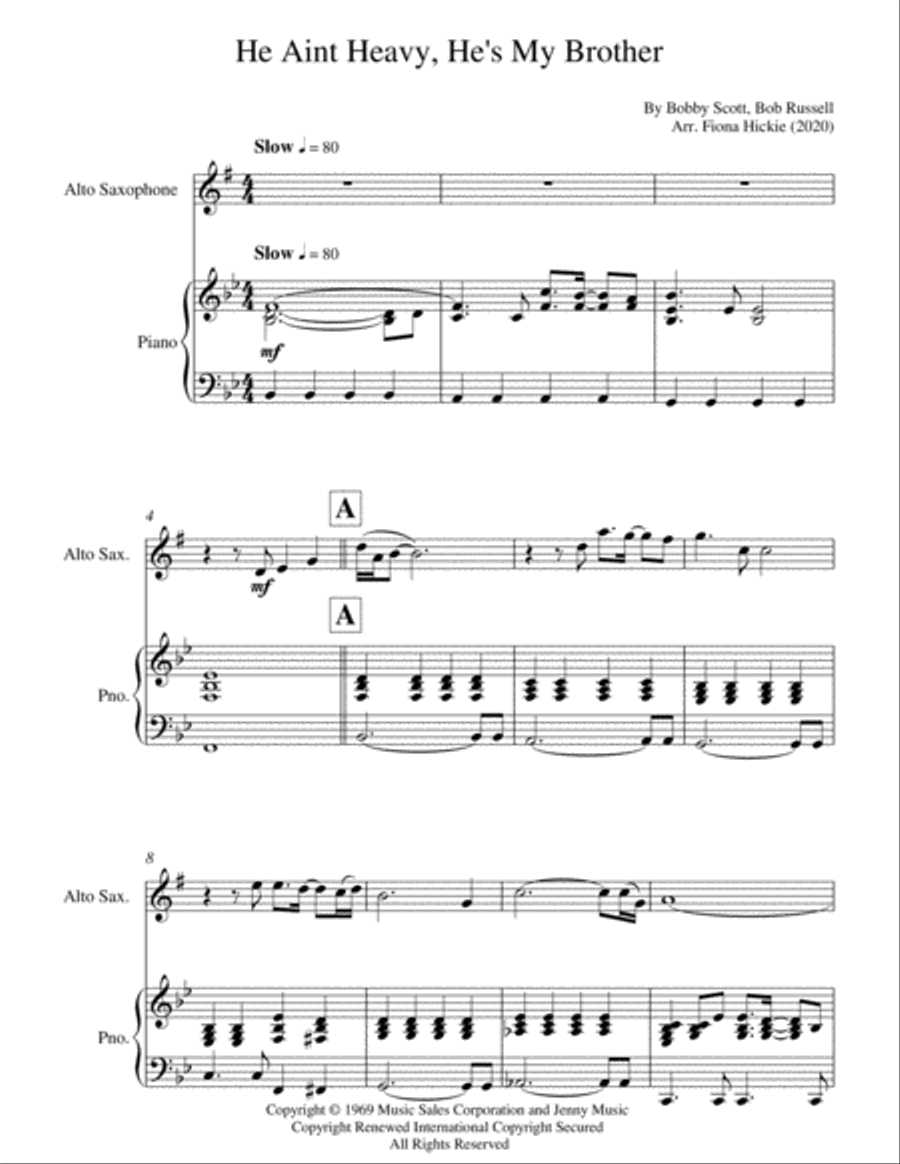 He Ain't Heavy, He's My Brother Alto Saxophone scores gallery preview page 1