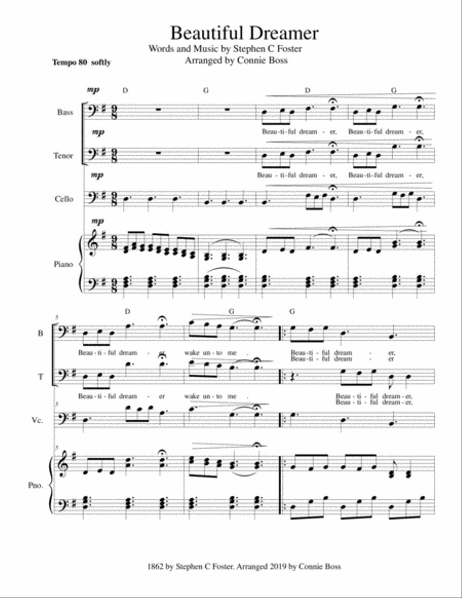 Beautiful Dreamer Key of G for Bass & Tenor Small Ensemble scores gallery preview page 1