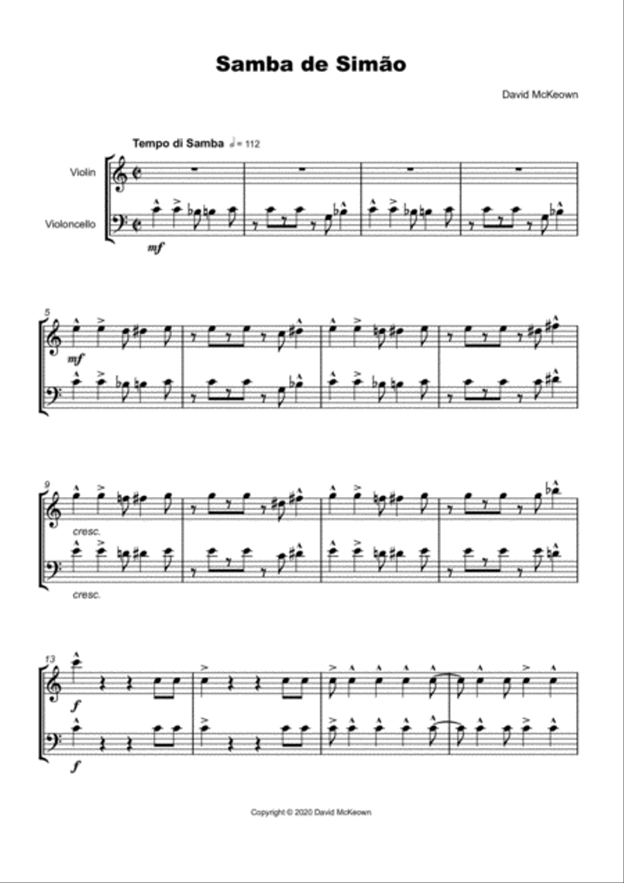Samba de Simão, for Violin and Cello Duet String Duet scores gallery preview page 2