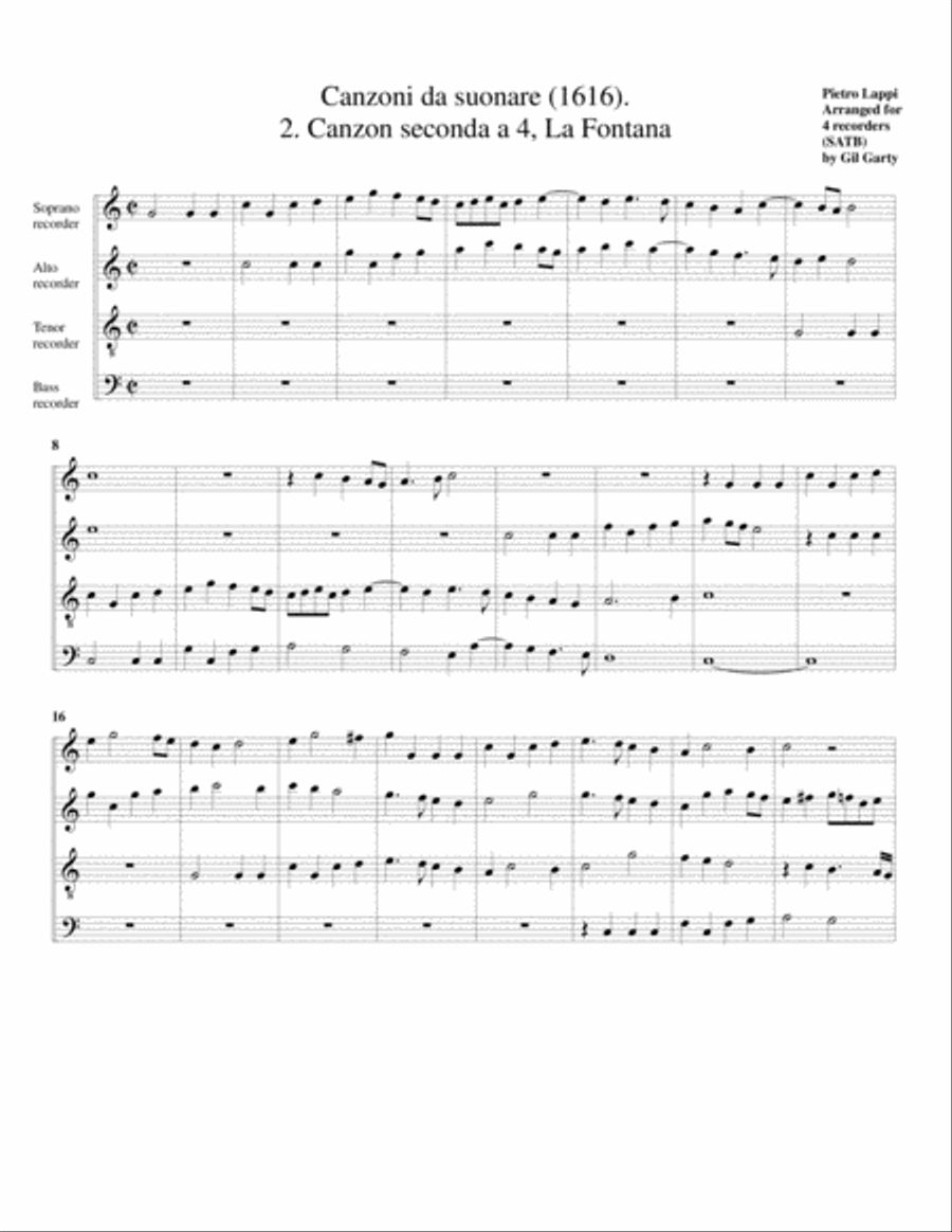 La Fontana a4 (Canzoni da suonare,1616, no.2) (arrangement for 4 recorders) Recorder scores gallery preview page 1