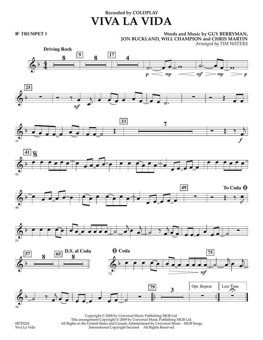 Viva La Vida - Bb Trumpet 1 Concert Band scores gallery preview page 1