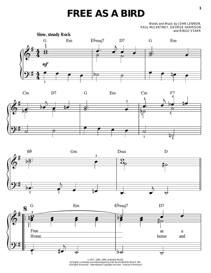 Free As A Bird Easy Piano scores gallery preview page 1