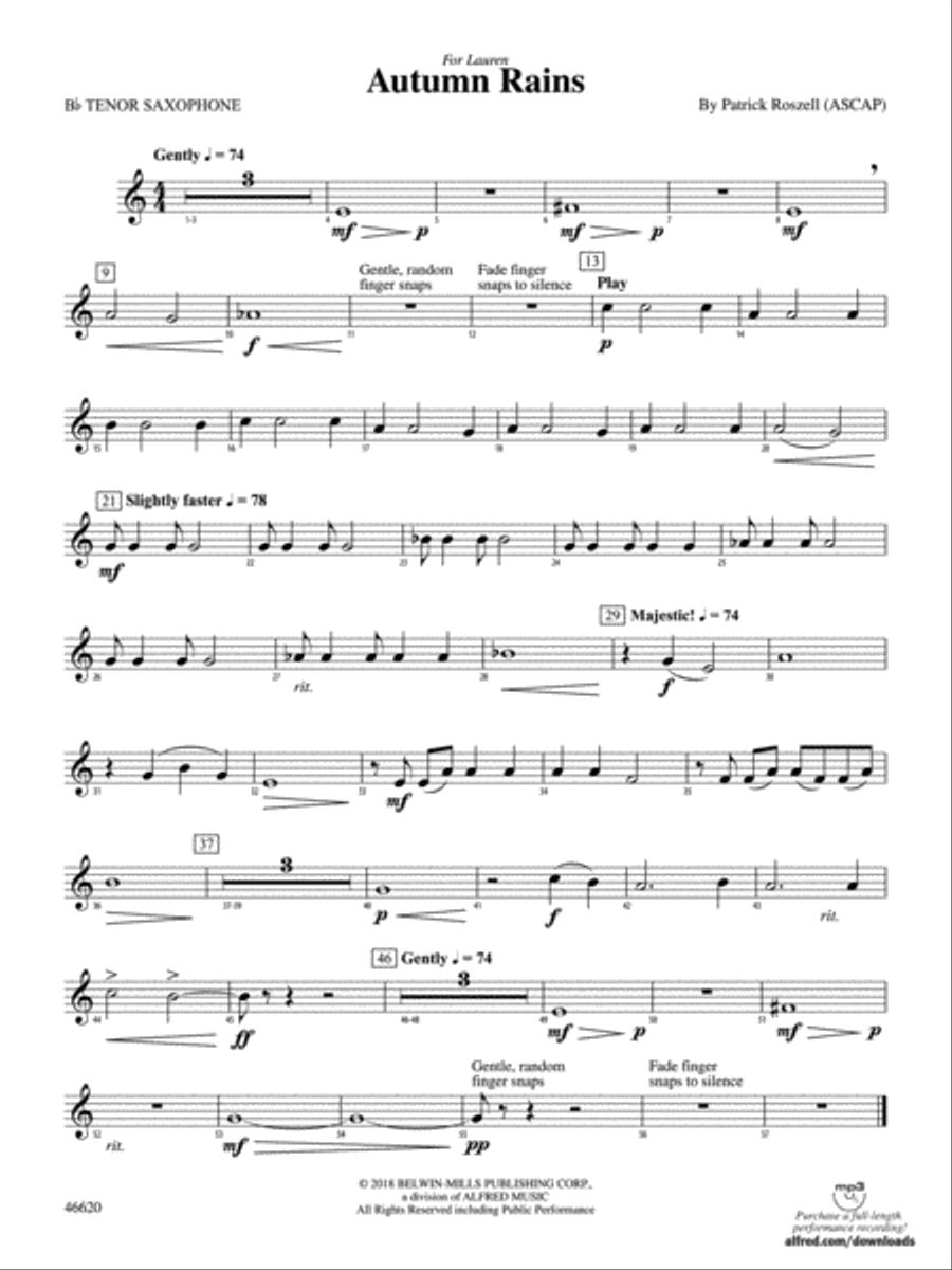 Autumn Rains: B-flat Tenor Saxophone Concert Band scores gallery preview page 1