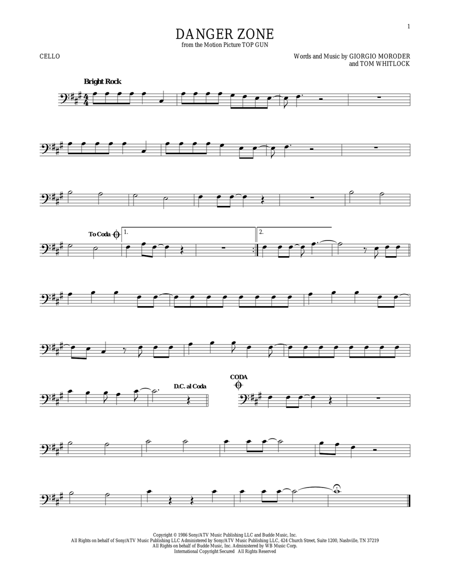 Danger Zone Danger Zone Cello Solo scores gallery preview page 1