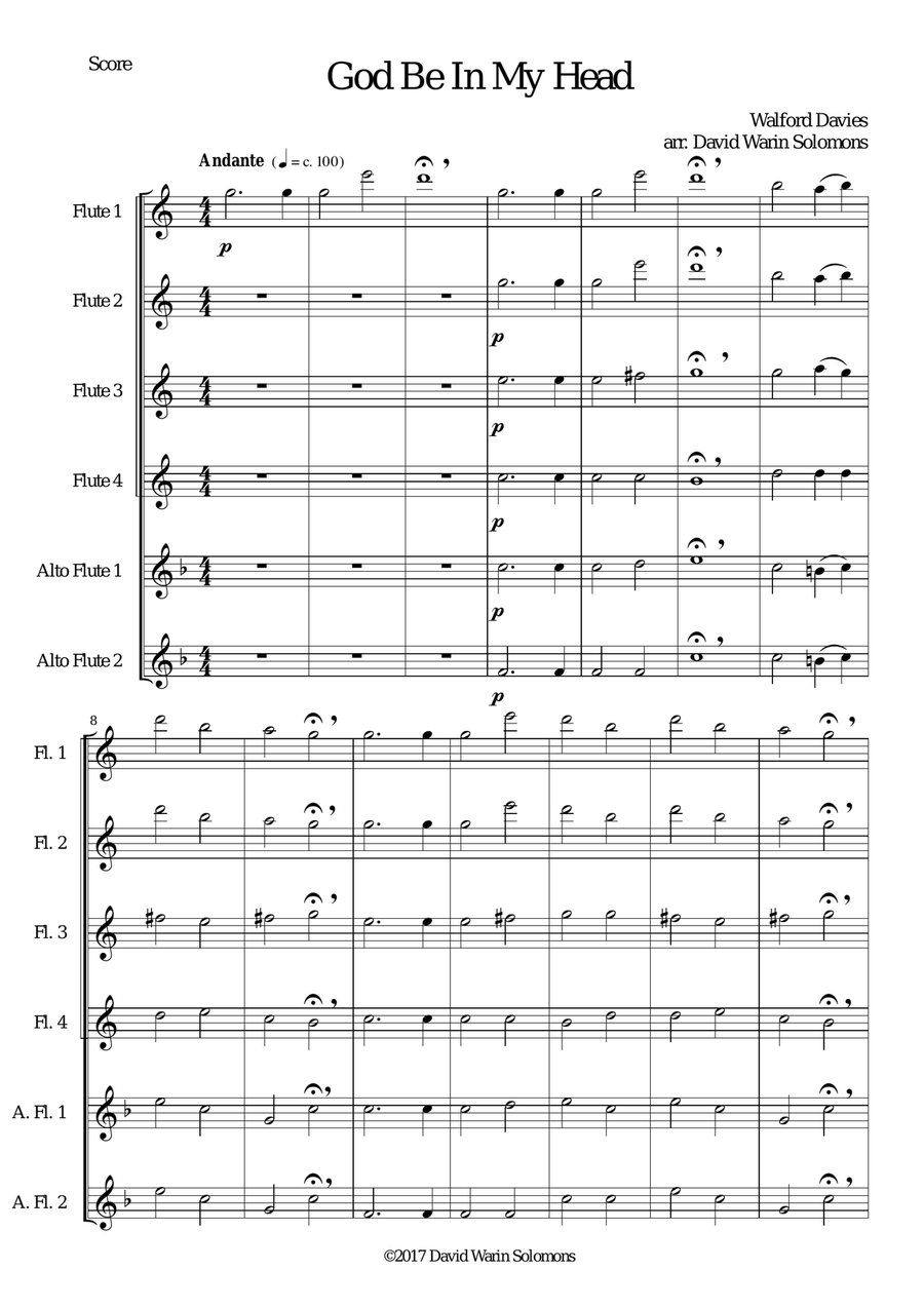 God be in my head for flute sextet (4 flutes, 2 alto flutes) Woodwind Quartet scores gallery preview page 1