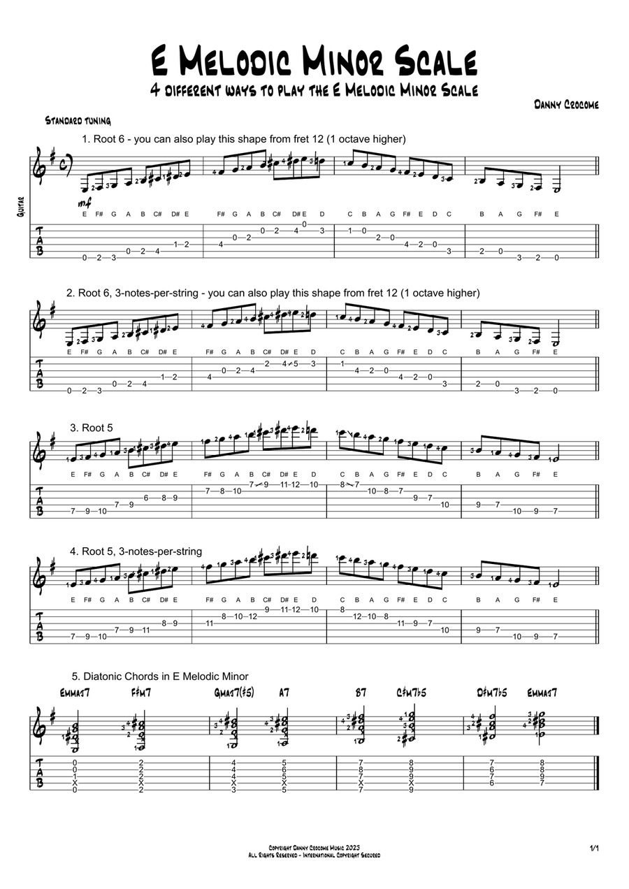 E Melodic Minor Scale (4 Ways to Play) Electric Guitar scores gallery preview page 1
