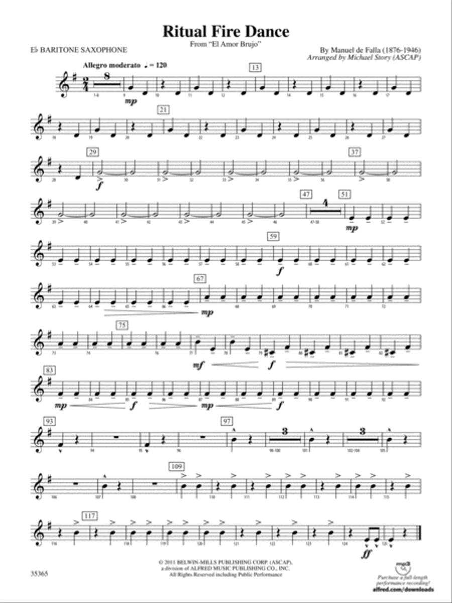 Ritual Fire Dance (From El Amor Brujo): E-flat Baritone Saxophone Concert Band scores gallery preview page 1