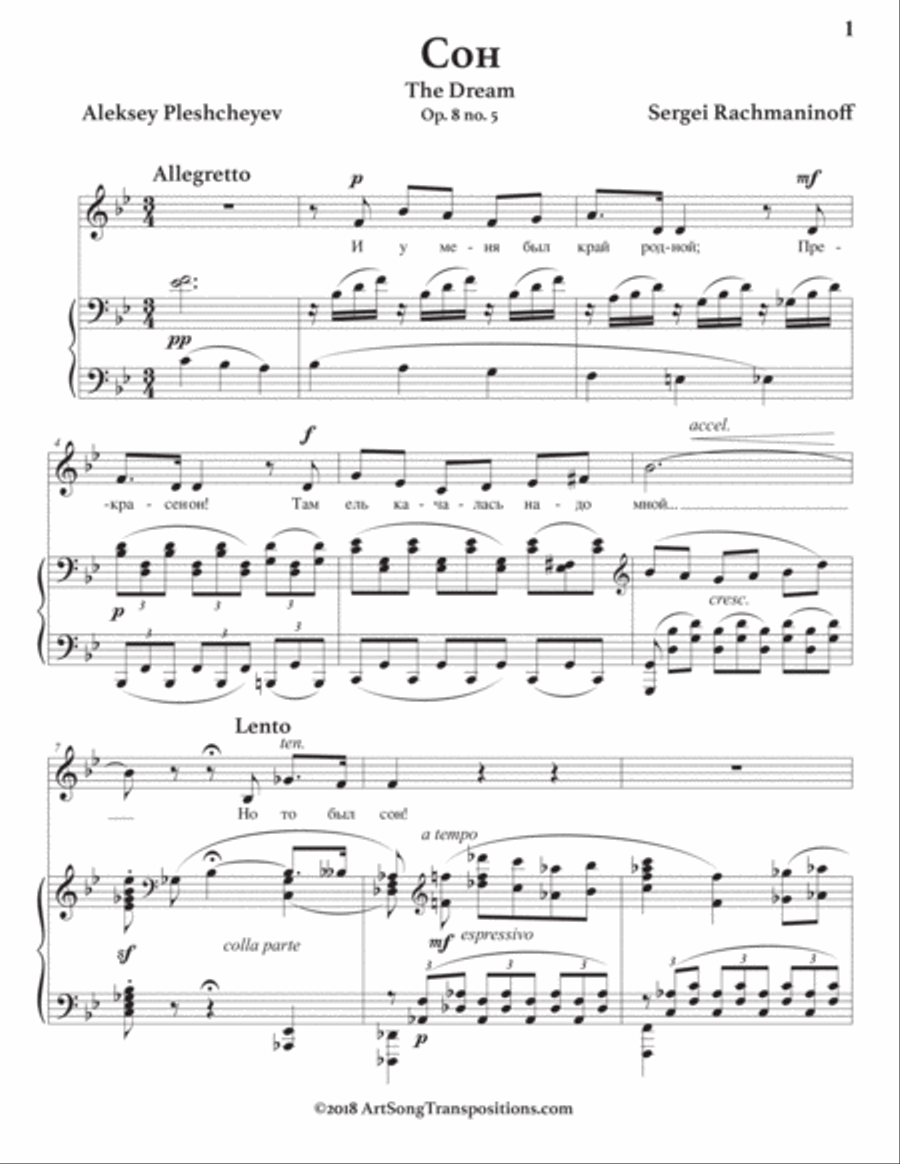 RACHMANINOFF: Сон, Op. 8 no. 5 (transposed to B-flat major, 