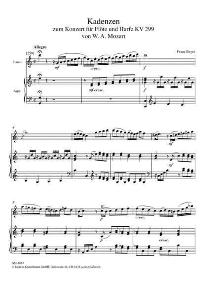 Cadenzas to W. A. Mozart's Concerto for Flute and Harp