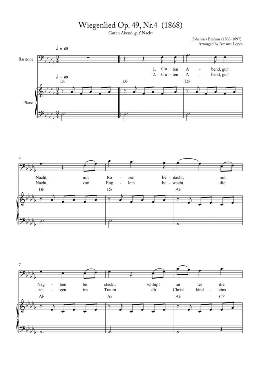 Book cover for Wiegenlied Op. 49, Nr.4 (1868) - Lullaby - Key Db