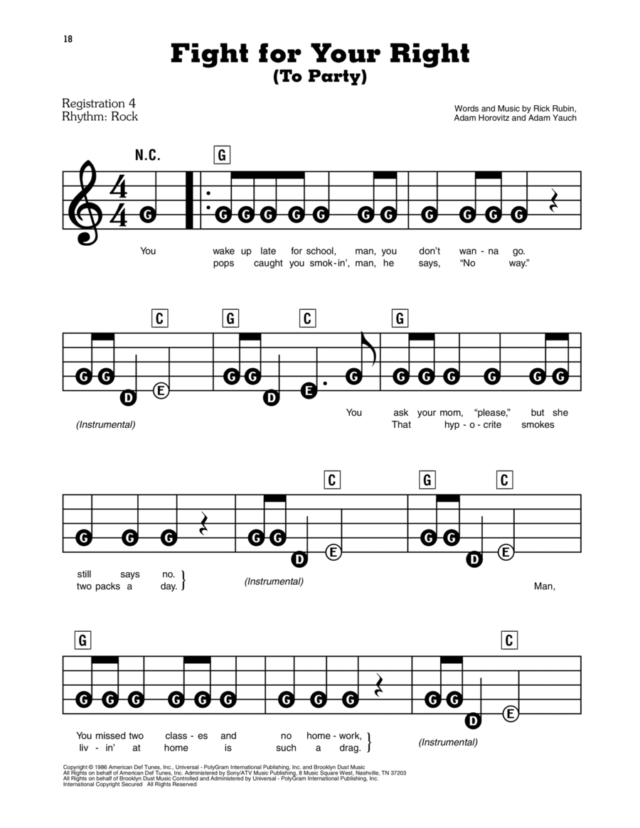 Fight For Your Right (To Party) Electronic Keyboard scores gallery preview page 1