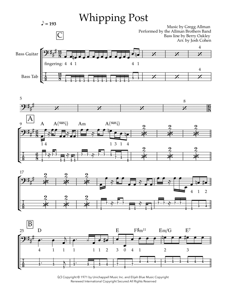 Whipping Post Bass Guitar scores gallery preview page 1