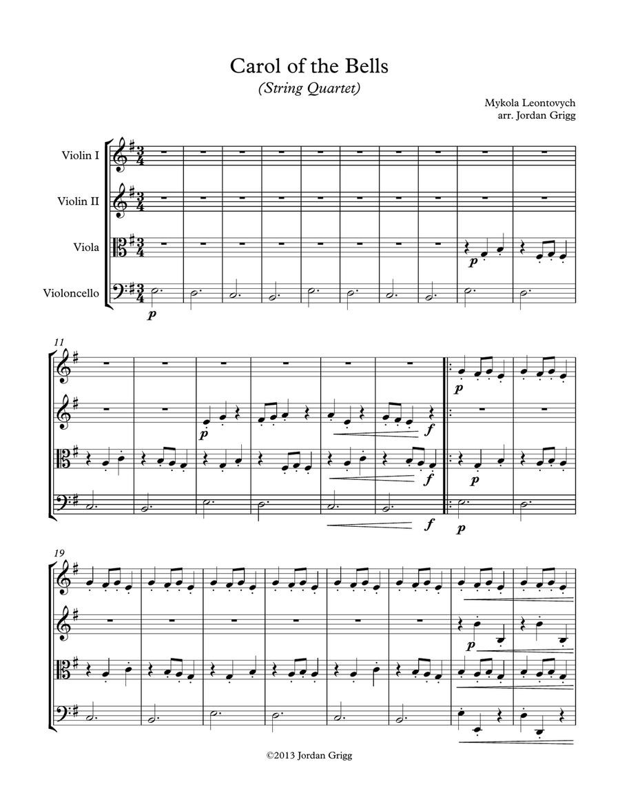 Carol of the Bells (String Quartet) - Score and parts String Quartet scores gallery preview page 1