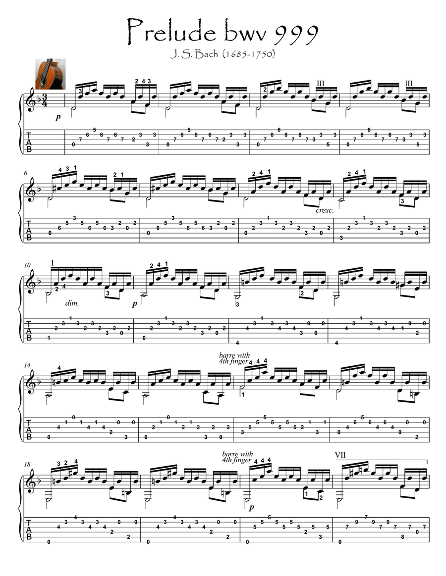 Bach for Guitar Prelude BWV 999 Acoustic Guitar scores gallery preview page 1