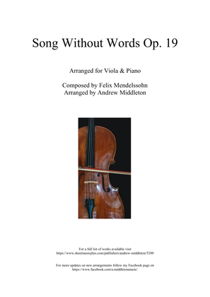 Song Without Words Op. 19 No. 1 arranged for Viola and Piano