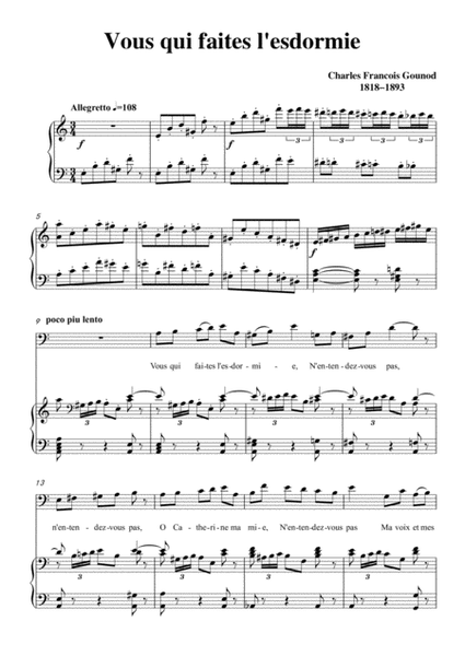 Gounod-Vous qui faites l'esdormie in a minor, for Voice and Piano image number null