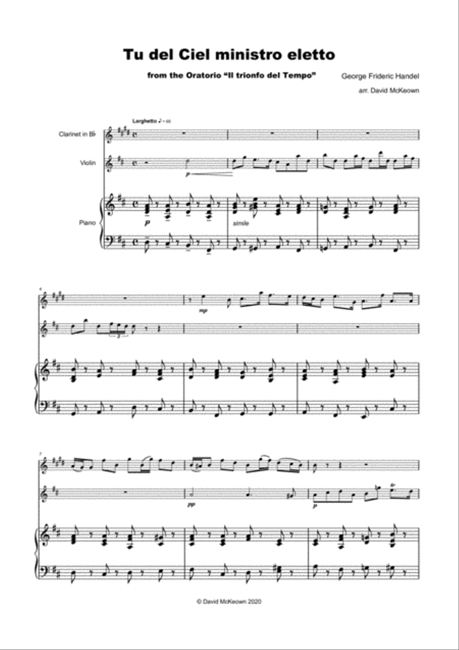 Tu del ciel ministro eletto, Aria by G F Handel, for Clarinet, Violin and Piano Clarinet scores gallery preview page 2