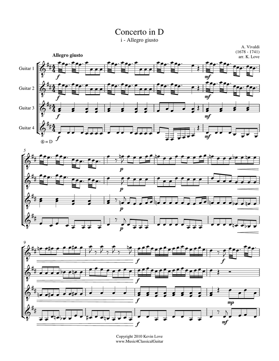Concerto in D - i - Allegro giusto (Guitar Quartet) - Score and Parts Guitar Ensemble scores gallery preview page 1