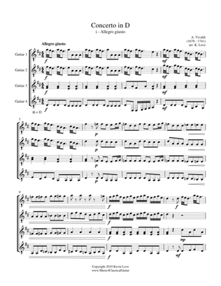 Book cover for Concerto in D - i - Allegro giusto (Guitar Quartet) - Score and Parts