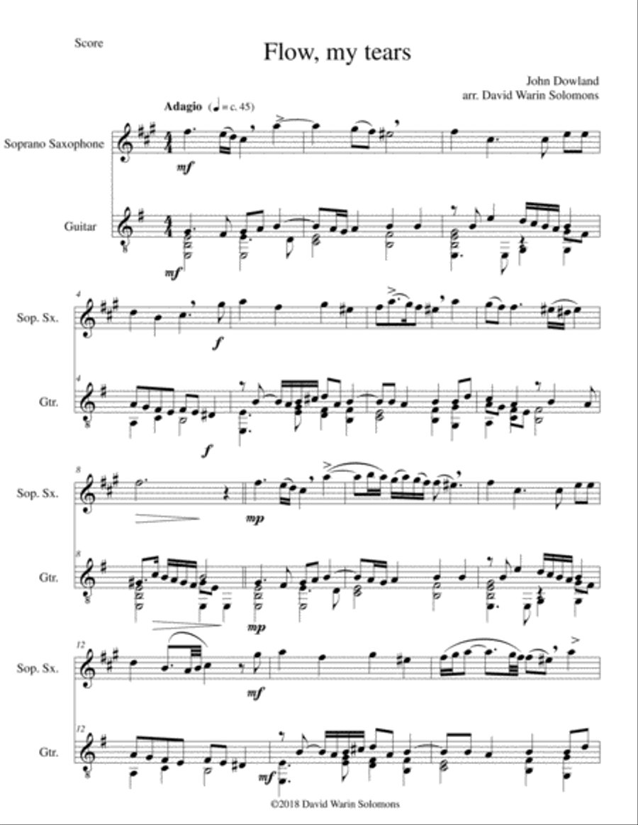 Flow my tears for soprano saxophone and guitar (with divisions) Soprano Saxophone scores gallery preview page 1