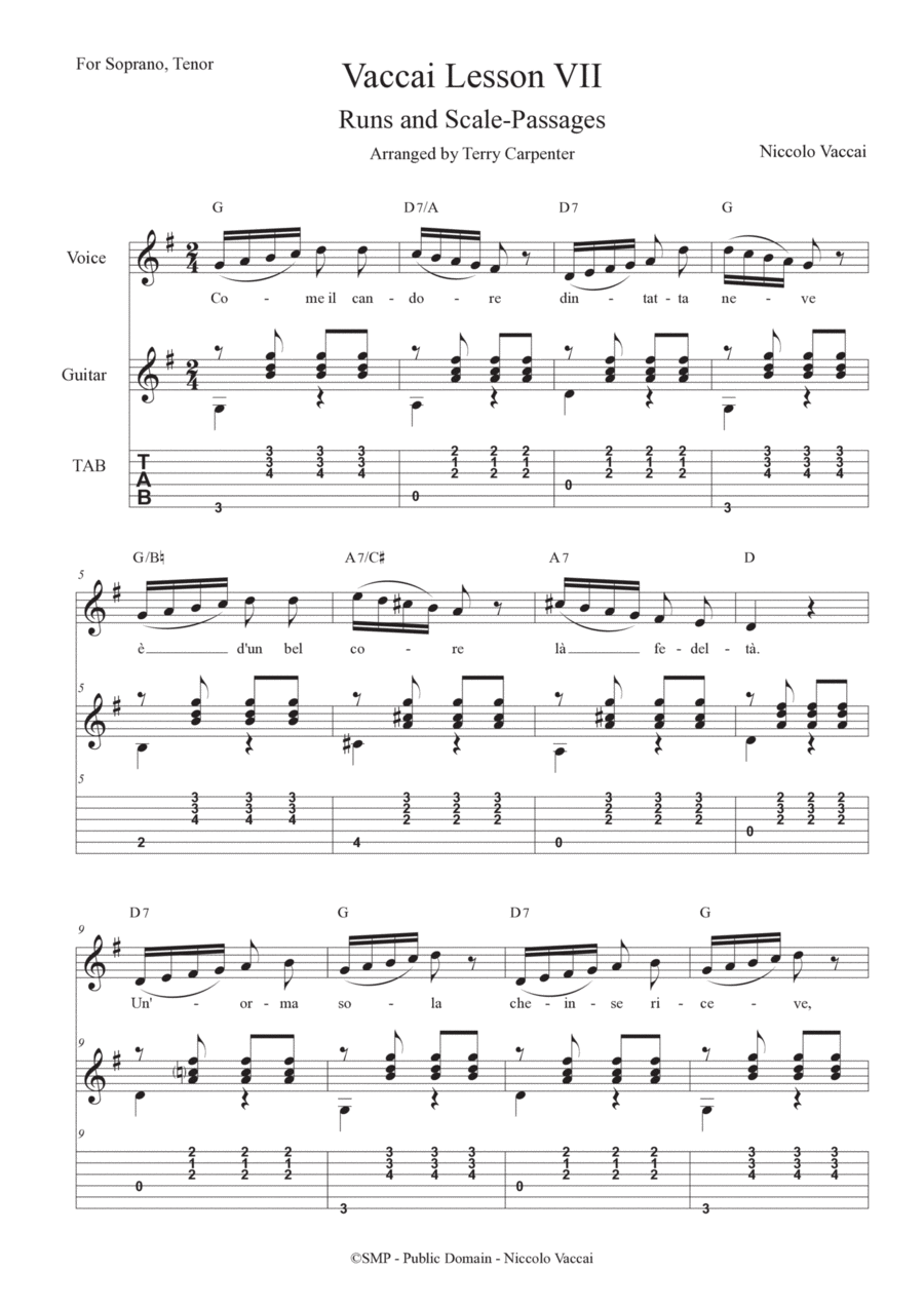 Vaccai- Lesson 7 Runs and scale passages, for soprano, tenor voice & guitar Acoustic Guitar scores gallery preview page 1