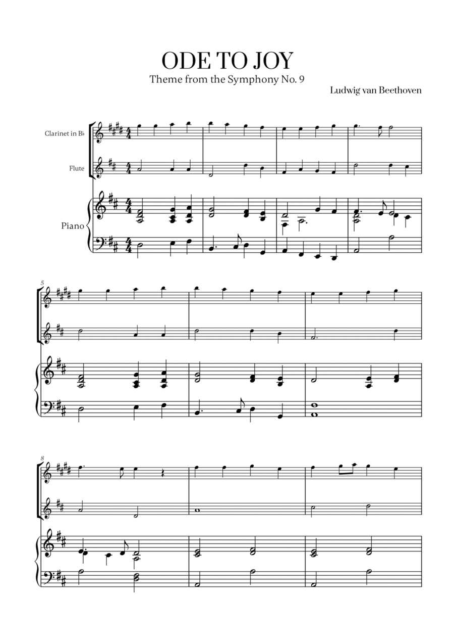 L. v. Beethoven - Ode to Joy (from Symphony No. 9) (for Clarinet, Flute and Piano) Woodwind Duet scores gallery preview page 1