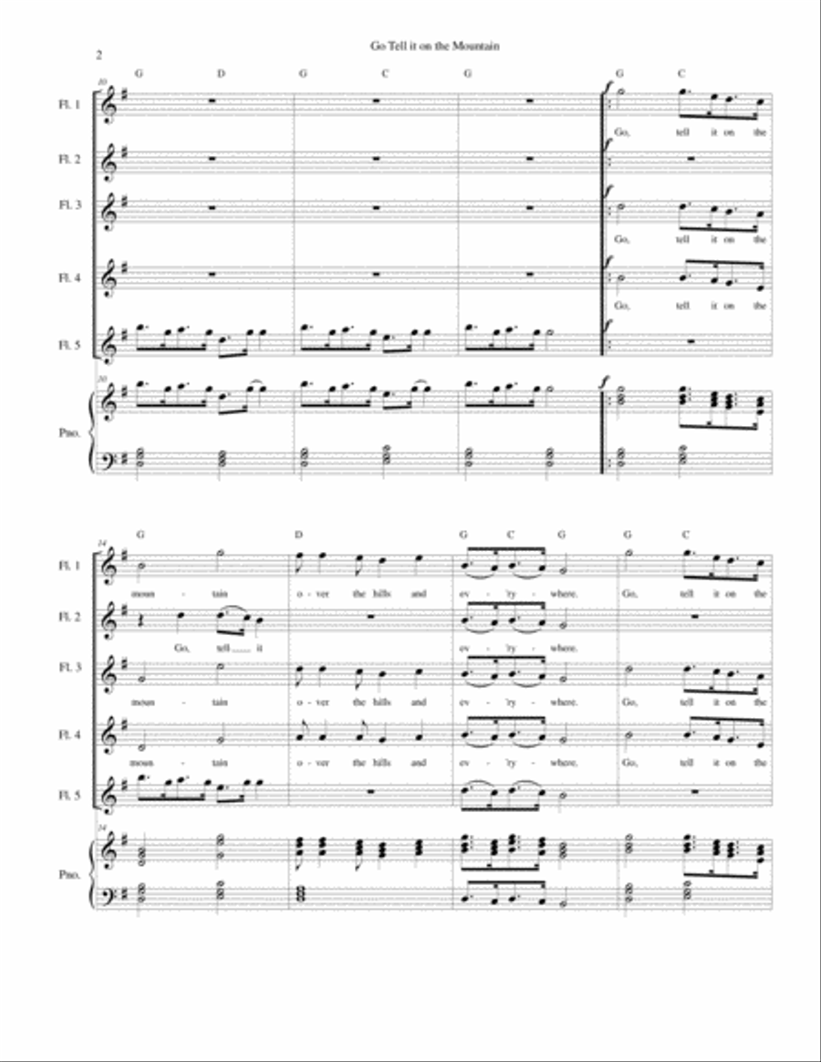 Go Tell It on the Mountain - Flute quartet and Piano Woodwind Quintet scores gallery preview page 2