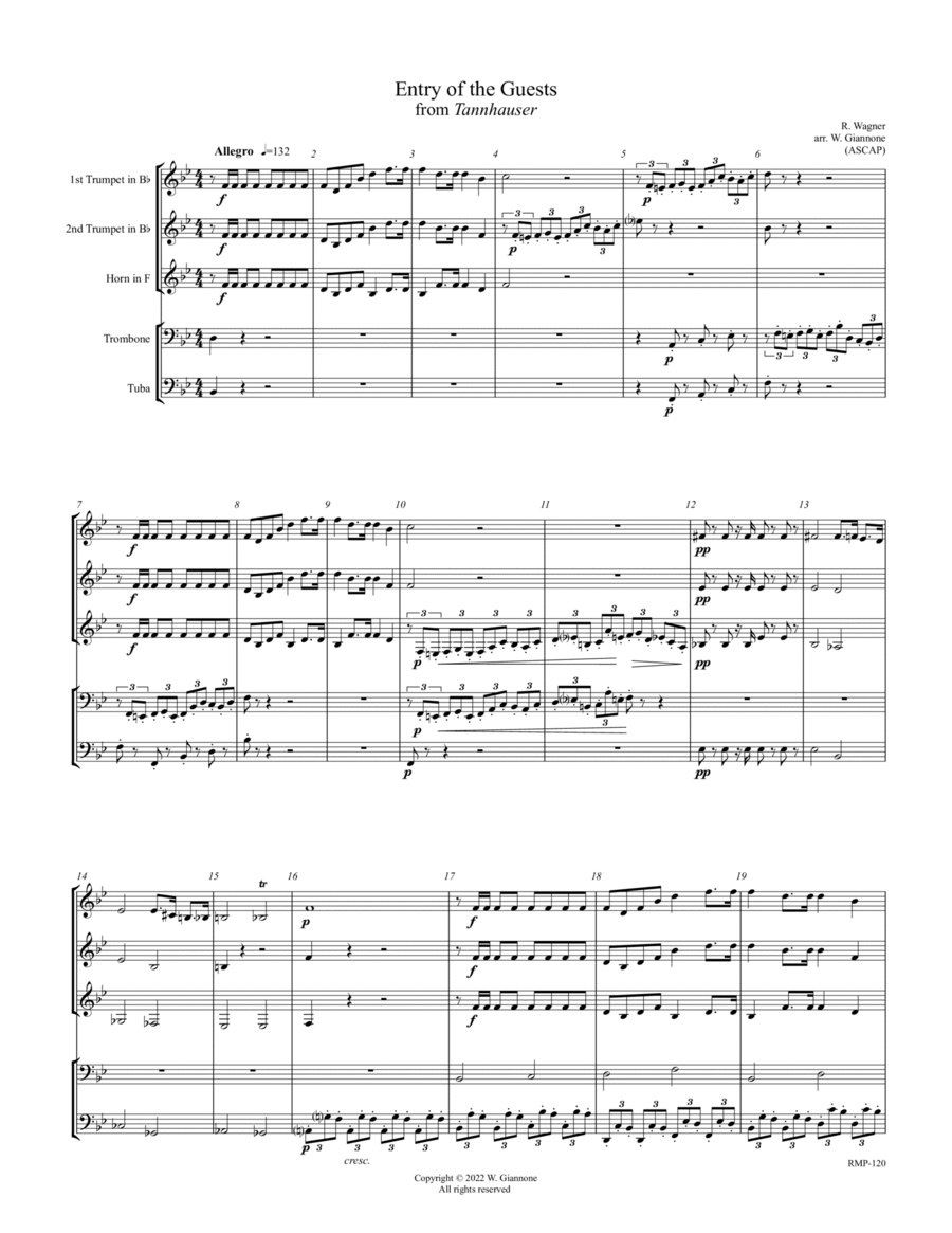 Wagner - Entry of the Guests from Tannhauser (for Brass Quintet) Brass Quintet scores gallery preview page 1