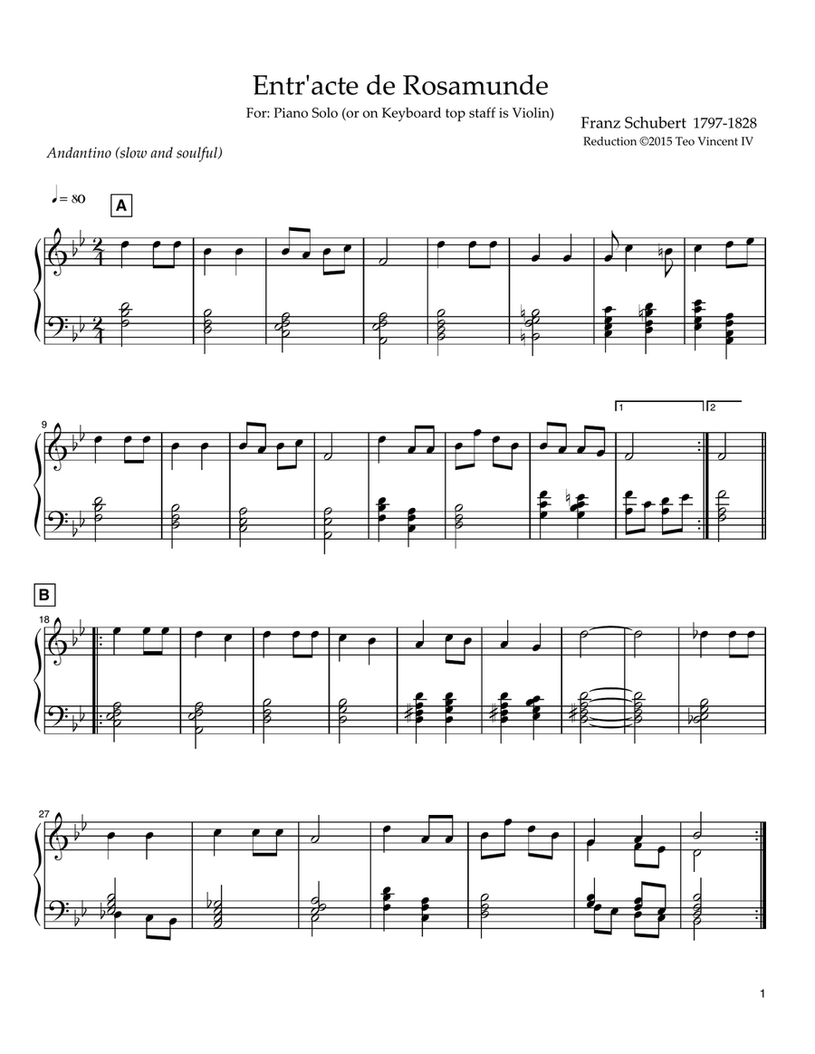 Rosamunde, D.797, V. Entr'acte No.3 Piano Solo scores gallery preview page 1