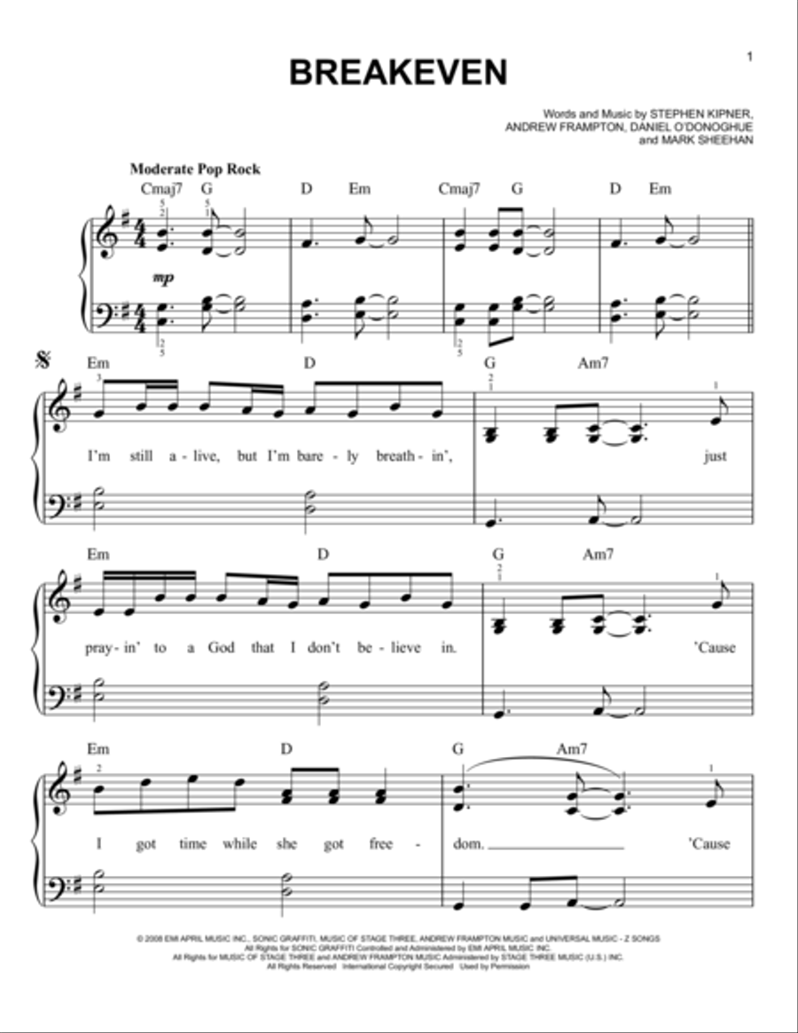 Breakeven Easy Piano scores gallery preview page 1