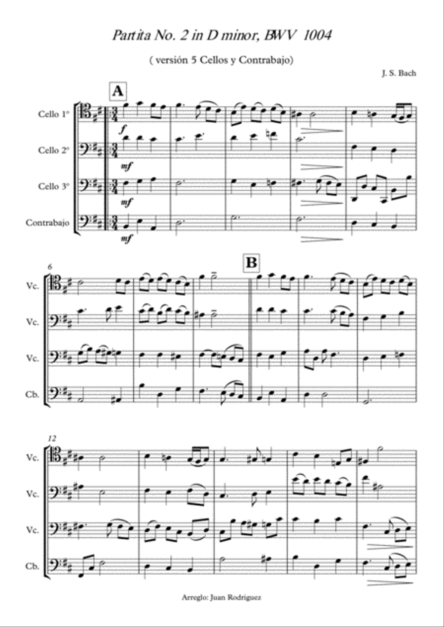 Sarabande of Partita No. 1 in D minor, BWV 1002 String Duet scores gallery preview page 1