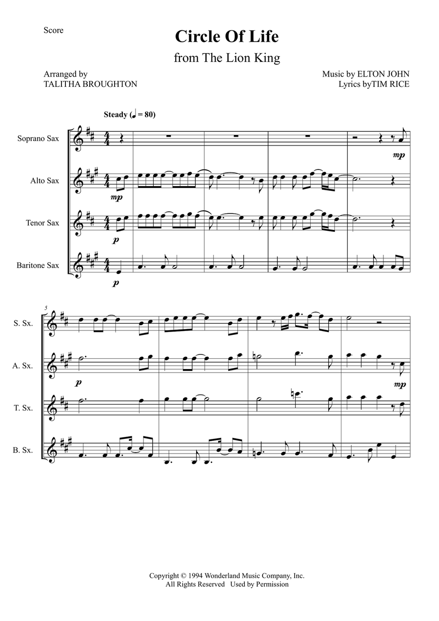 Circle Of Life Saxophone Quartet scores gallery preview page 1
