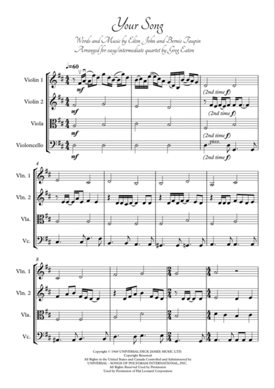 Your Song Your Song String Quartet scores gallery preview page 2