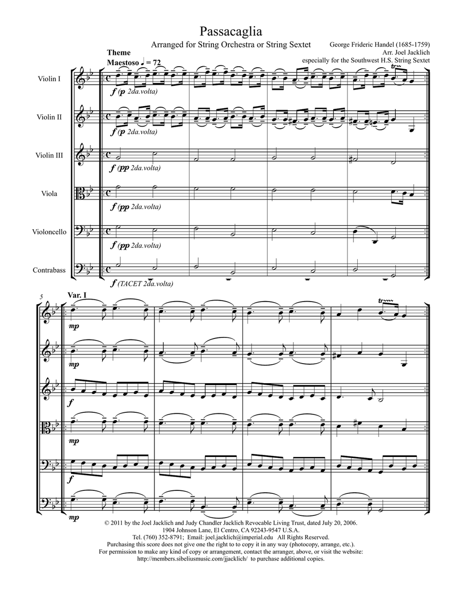 Passacaglia in G minor, arranged for string sextet (3,1,1,1) or string orchestra String Orchestra scores gallery preview page 1