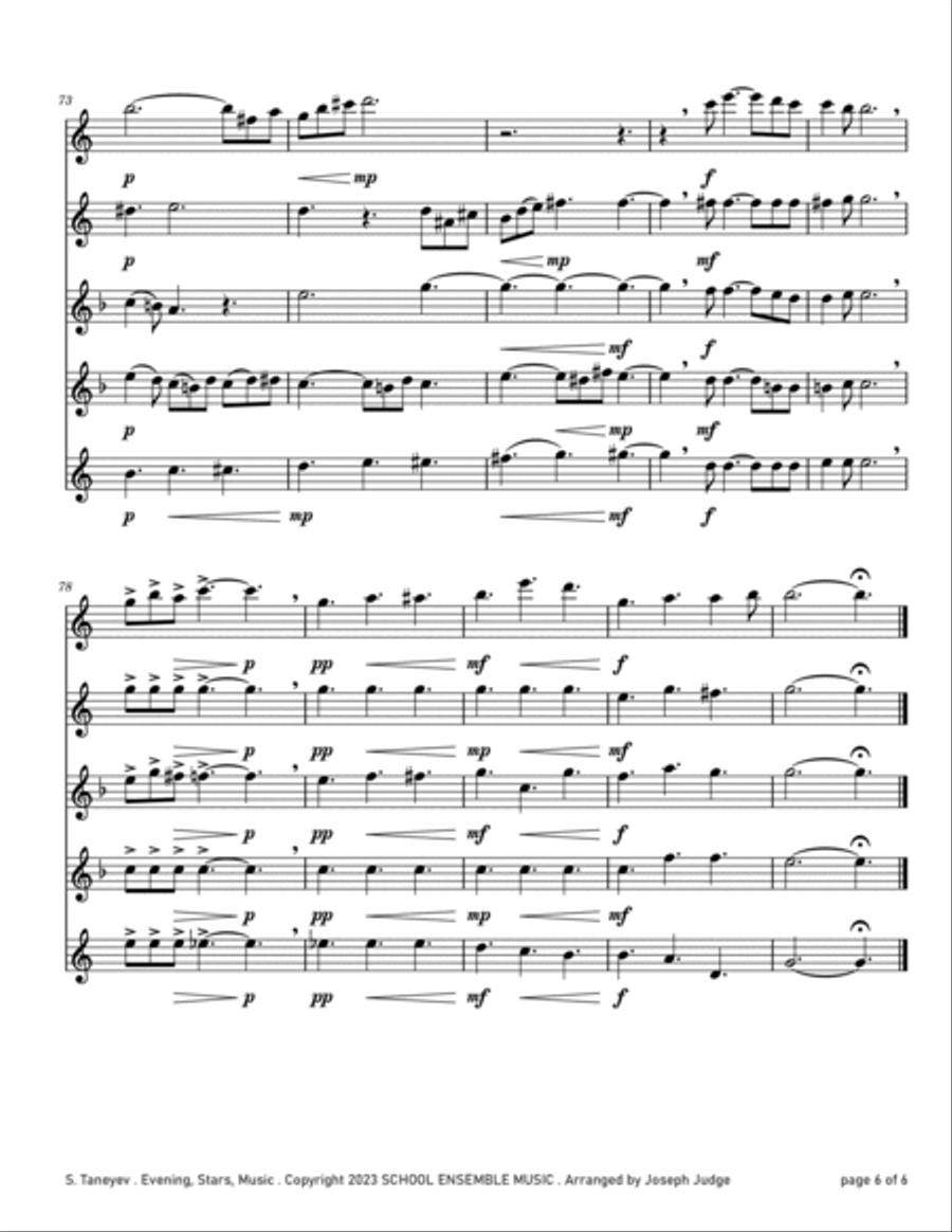 Evening Stars Music by Taneyev for Saxophone Quintet in Schools Saxophone Quintet scores gallery preview page 6