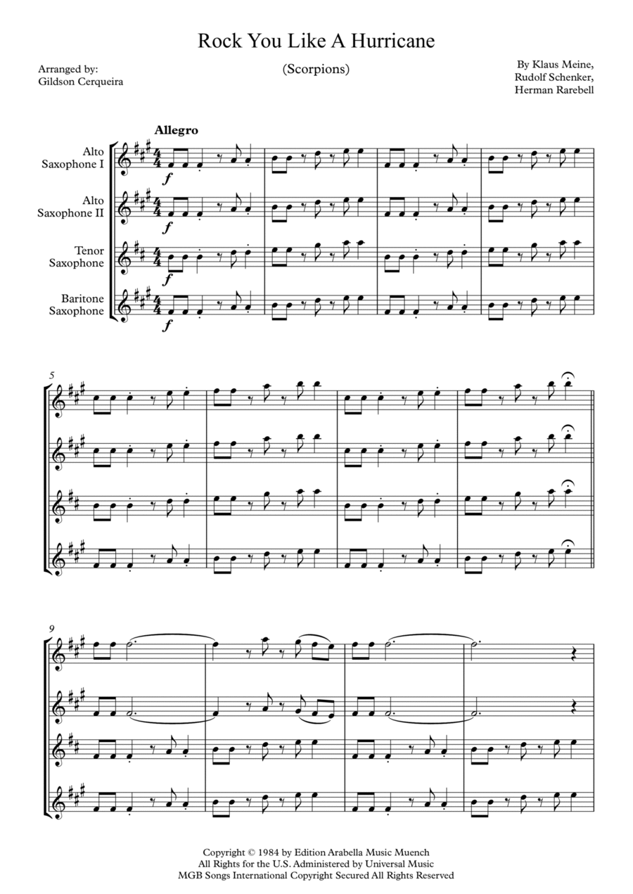 Rock You Like A Hurricane Saxophone Quartet scores gallery preview page 1