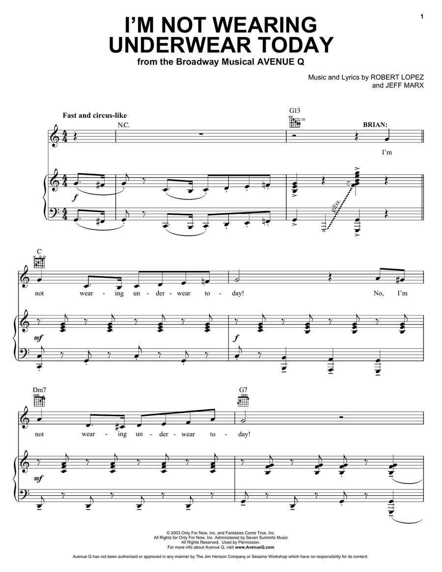 I'm Not Wearing Underwear Today (from Avenue Q) Piano, Vocal, Guitar scores gallery preview page 1
