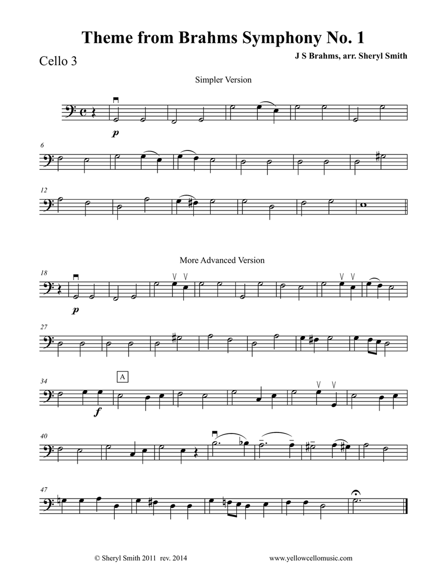 Theme from Brahms Symphony No.1, Fourth Movement for four cellos (cello quartet) String Orchestra scores gallery preview page 3
