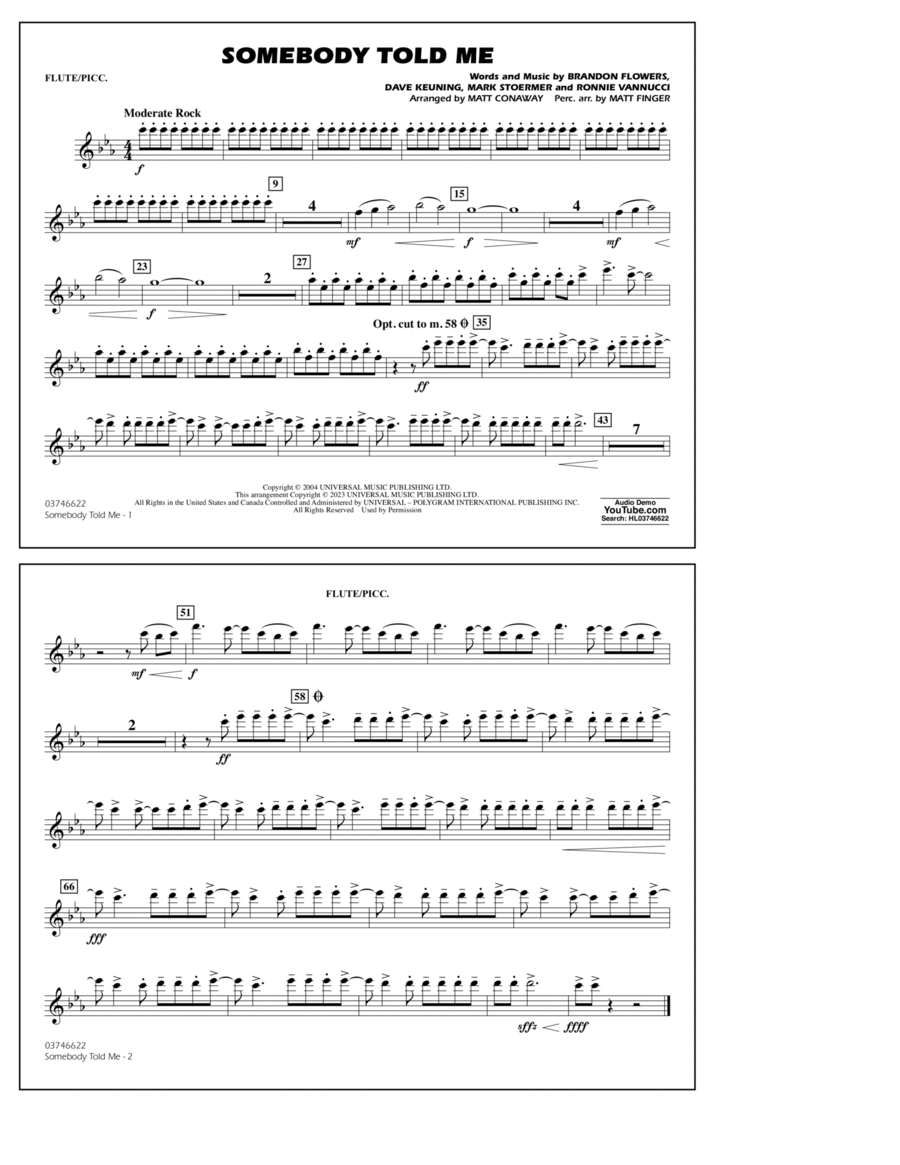 Somebody Told Me (arr. Conaway & Fingers) - Flute/Piccolo Marching Band scores gallery preview page 1