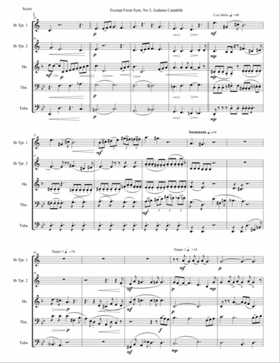 Excerpt from Andante Cantabile, Tchaikovsky Symphony. #5, for Brass Quintet Brass Quintet scores gallery preview page 3